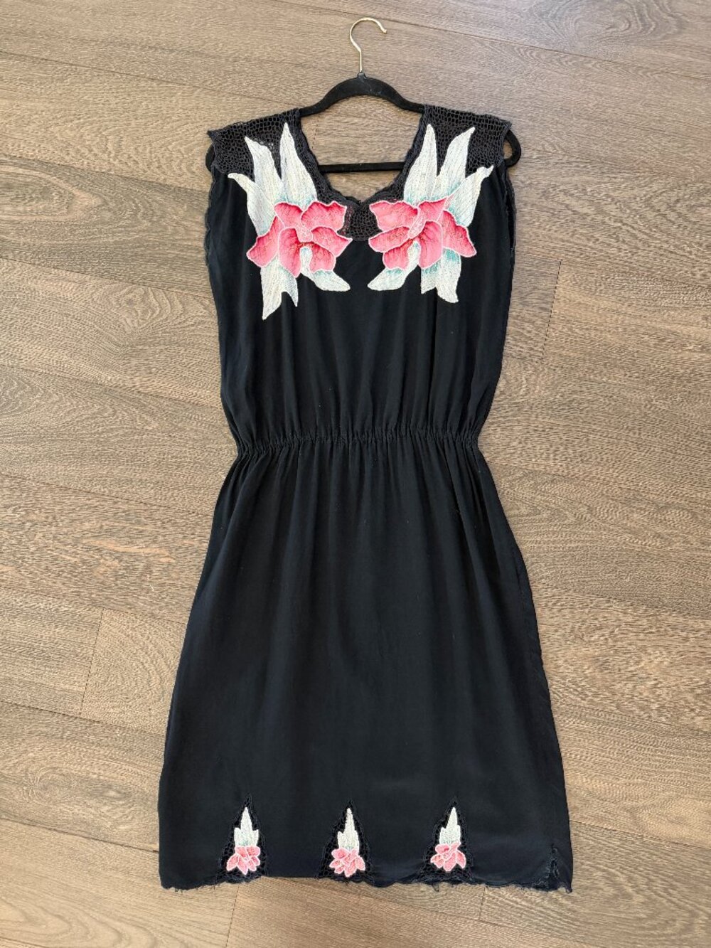 Vintage 80's Crochet Bali Embroidered Beachy Sundress Black Pink